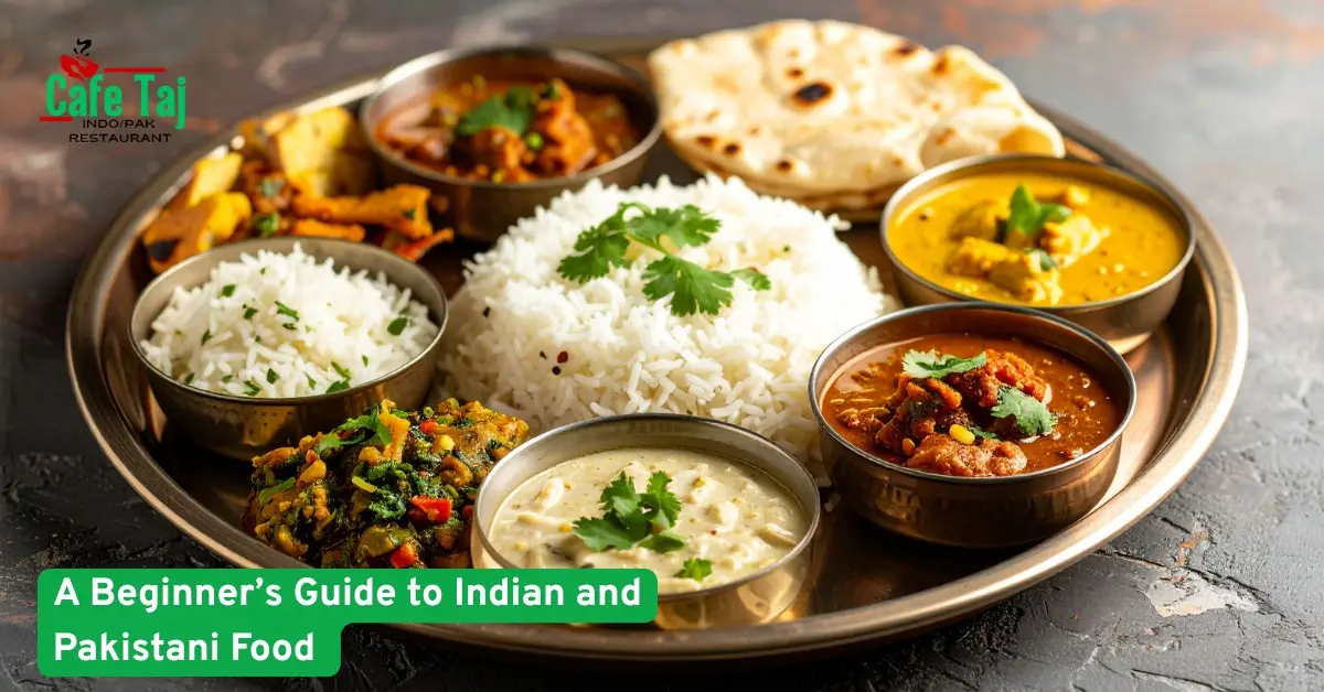 Traditional Indian and Pakistani thali with rice curries naan and sides showcasing authentic flavors for first time diners go